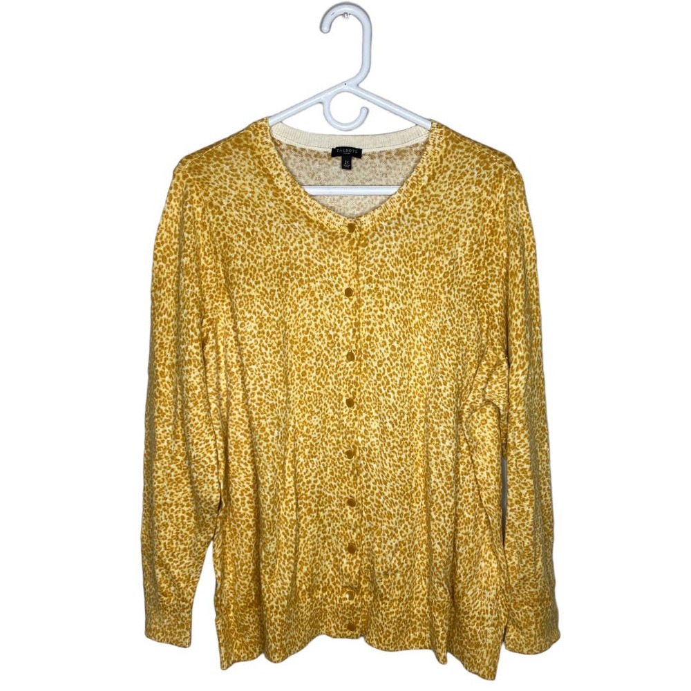 Talbots Womens Cardigan Sweater Size 2X Yellow Animal Print Angora Rabbit Hair